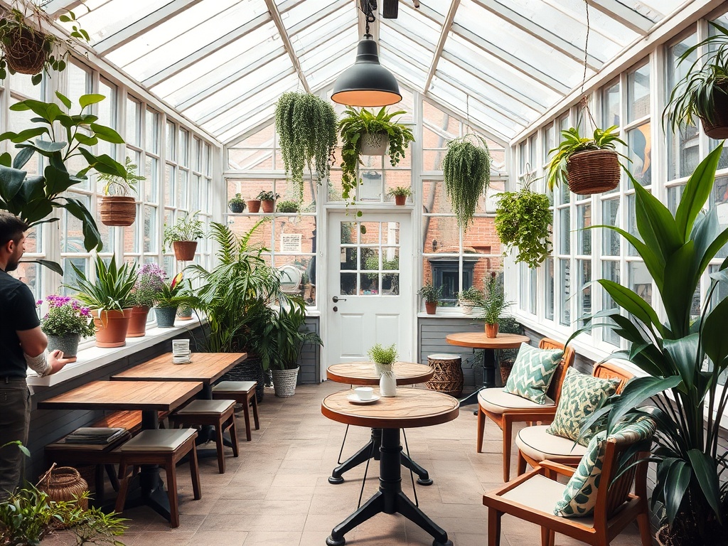 interior of a cozy cafe in a greenhouse setting with plants and cozy seating