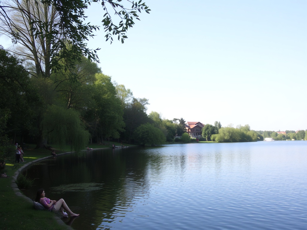 peaceful lake surrounded by greenery, with people relaxing by the shore
