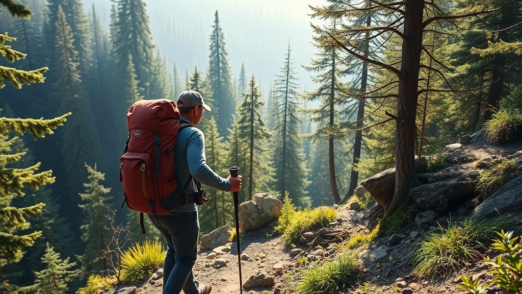 Hiker with loaded backpack and trekking poles training on a steep forested mountain trail in morning light