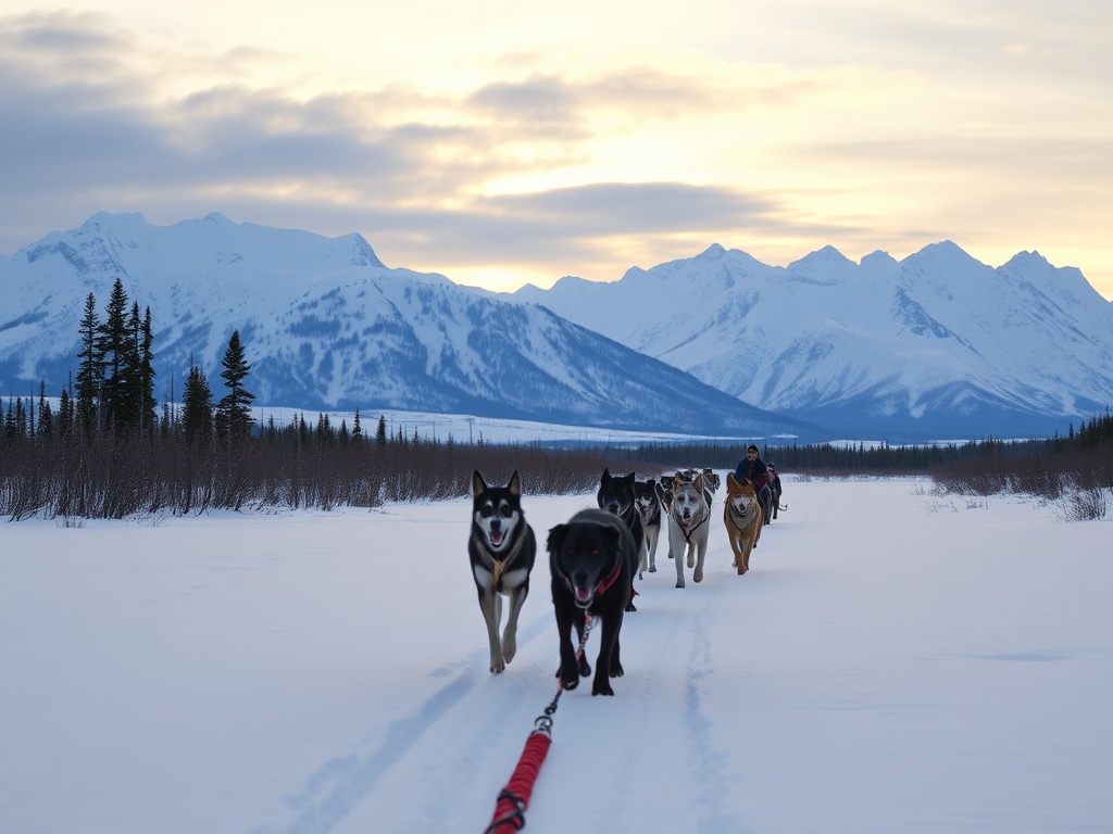 Alaska wilderness, dog sledding across snowy landscapes with towering mountain peaks in the distance