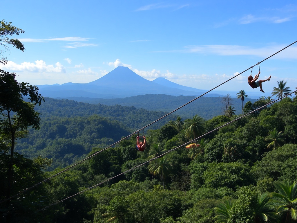 Costa Rica rainforest with zipliners soaring above, lush green trees and volcanoes in the distance