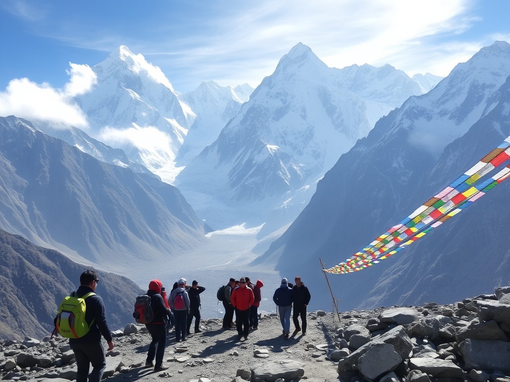 Everest Base Camp trek with hikers surrounded by towering mountains, misty peaks, and Tibetan prayer flags