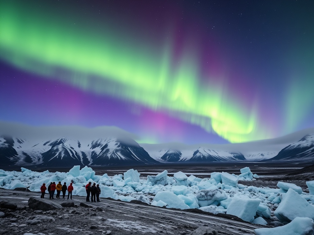Northern lights over Iceland, glaciers and volcanic landscape, with travelers exploring ice caves