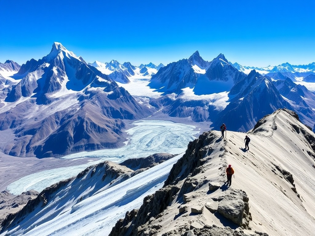 Patagonia glaciers and mountains with trekkers scaling the peaks, blue sky overhead, dramatic terrain