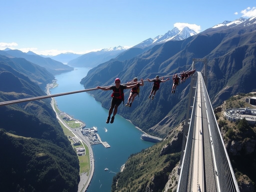 Queenstown, New Zealand, bungee jumpers soaring off bridges above scenic landscapes