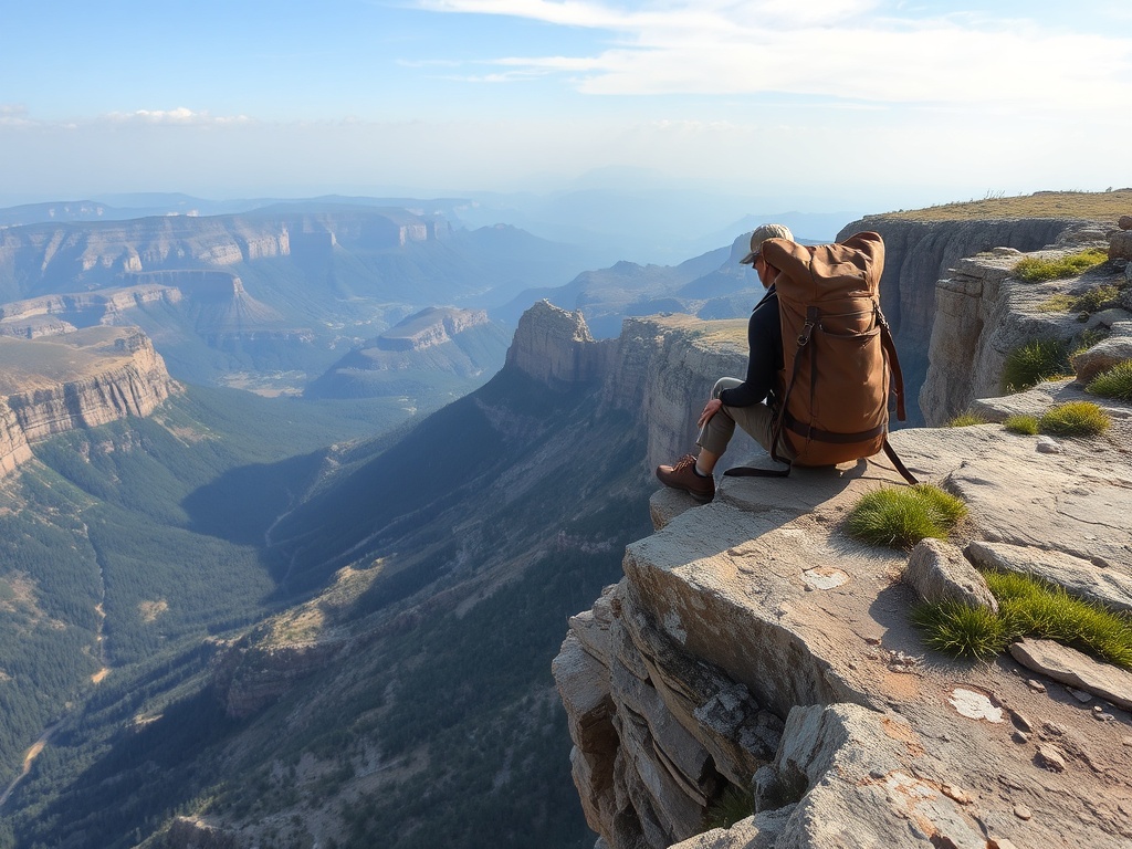 backpack on a cliff edge with minimal gear and scenic vista