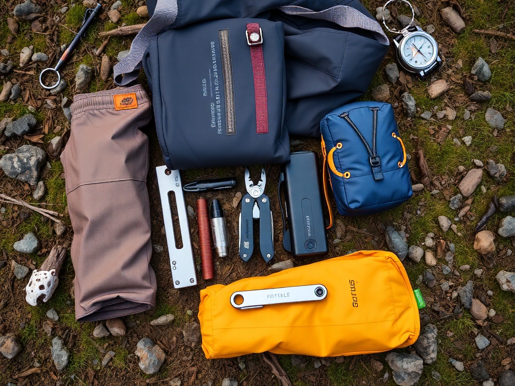 compact multi-tool and versatile clothing items neatly arranged on a hiking trail