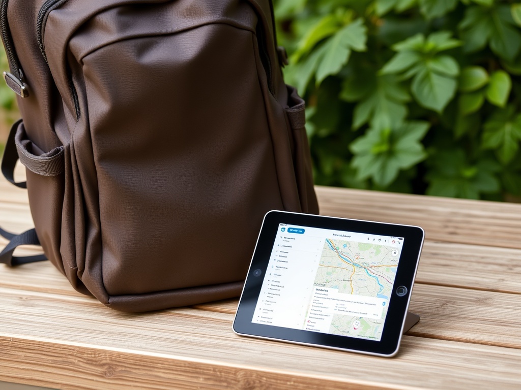 digital travel setup with tablet displaying map and itinerary beside a lightweight backpack