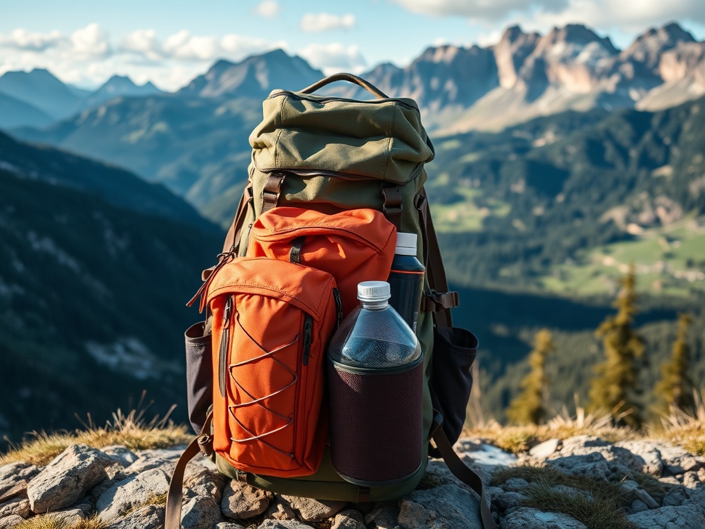 lightweight backpack with essential travel gear in a scenic mountain landscape