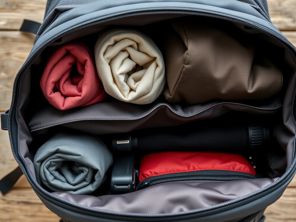 organized backpack interior showing rolled clothes and compartmentalized gear