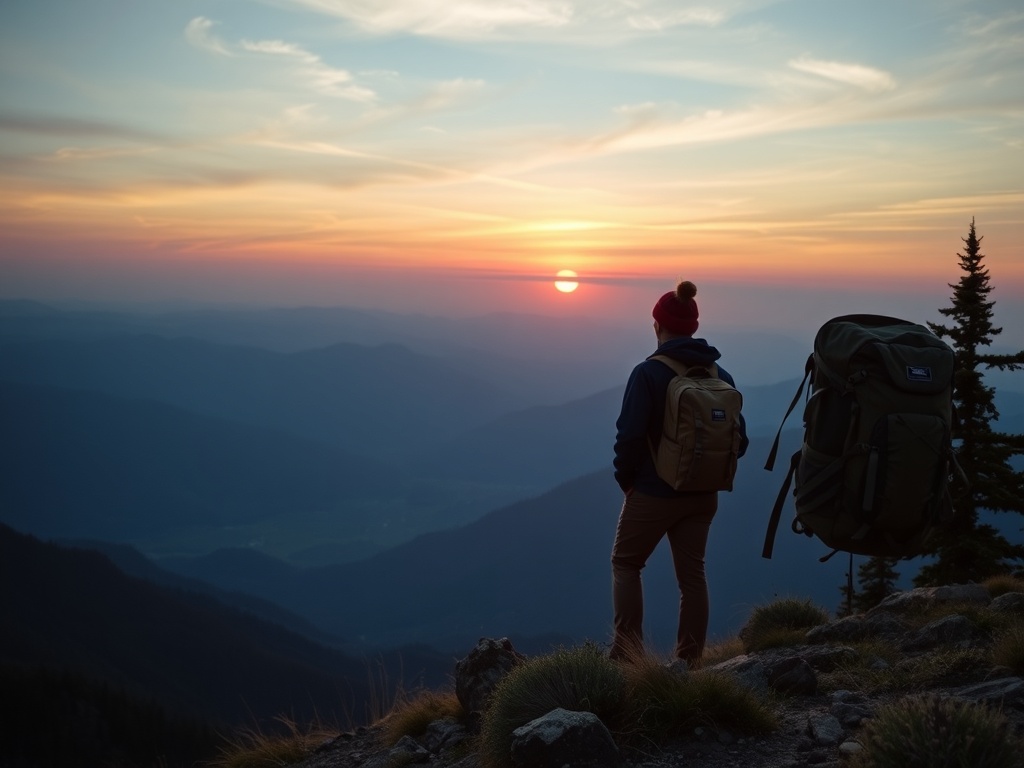 traveler enjoying a mountain sunset with only a small daypack