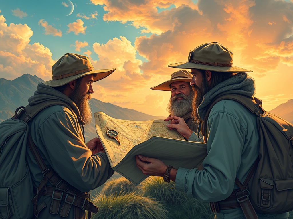 vivid depiction of a group of adventurers using a map and compass