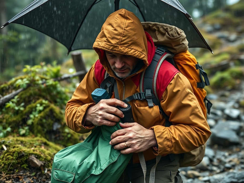 vivid depiction of a hiker packing gear for a rainy day adventure