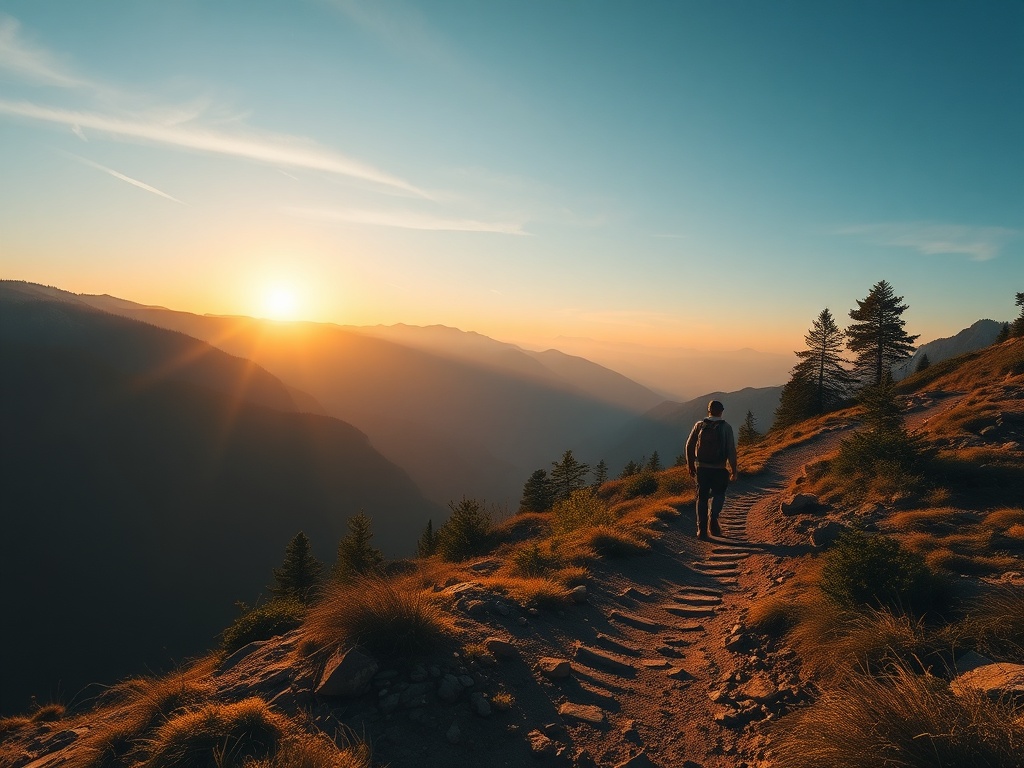 vivid depiction of a person hiking through a mountain trail at sunrise