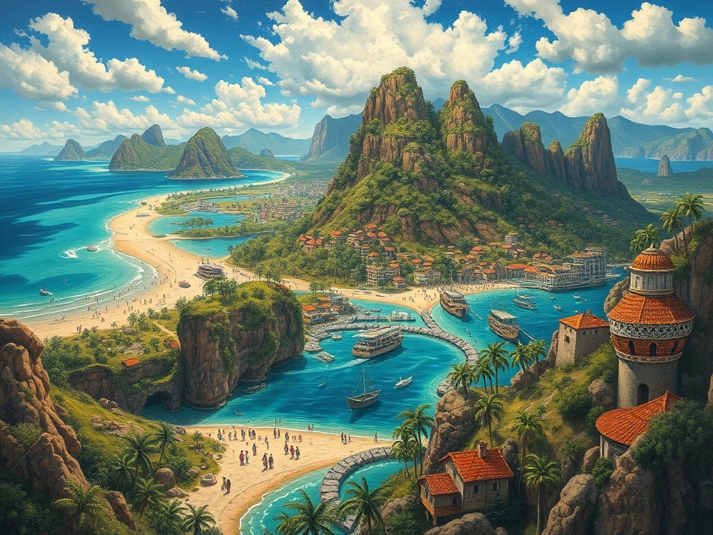 vivid depiction of an exotic destination with diverse landscapes