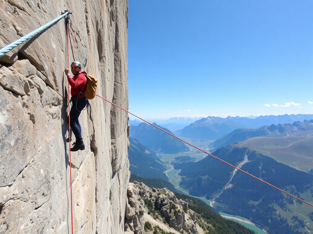 climber on via ferrata route attached to steel cable traversing vertical limestone wall with vast alpine valley below