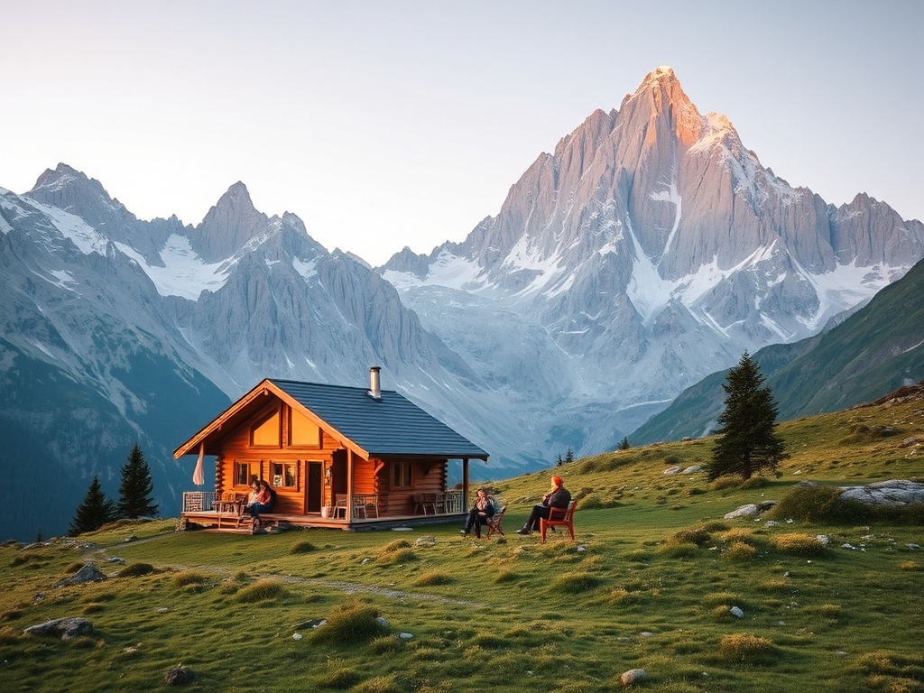 cozy mountain rifugio perched on alpine meadow with dramatic peaks behind, hikers relaxing outside, warm golden hour light
