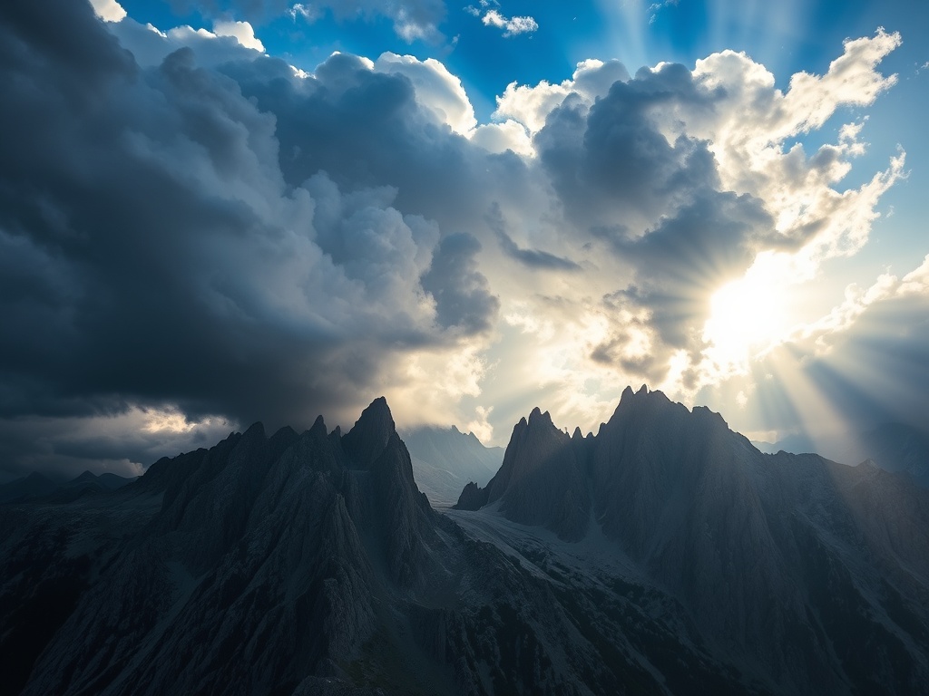 dramatic alpine storm clouds rolling over jagged Dolomite peaks with sun breaking through, contrast of light and shadow