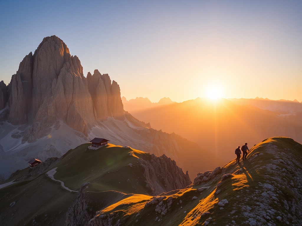 golden sunrise lighting jagged limestone peaks of the Dolomites with alpine huts and winding trails, dramatic shadows and hikers on ridge
