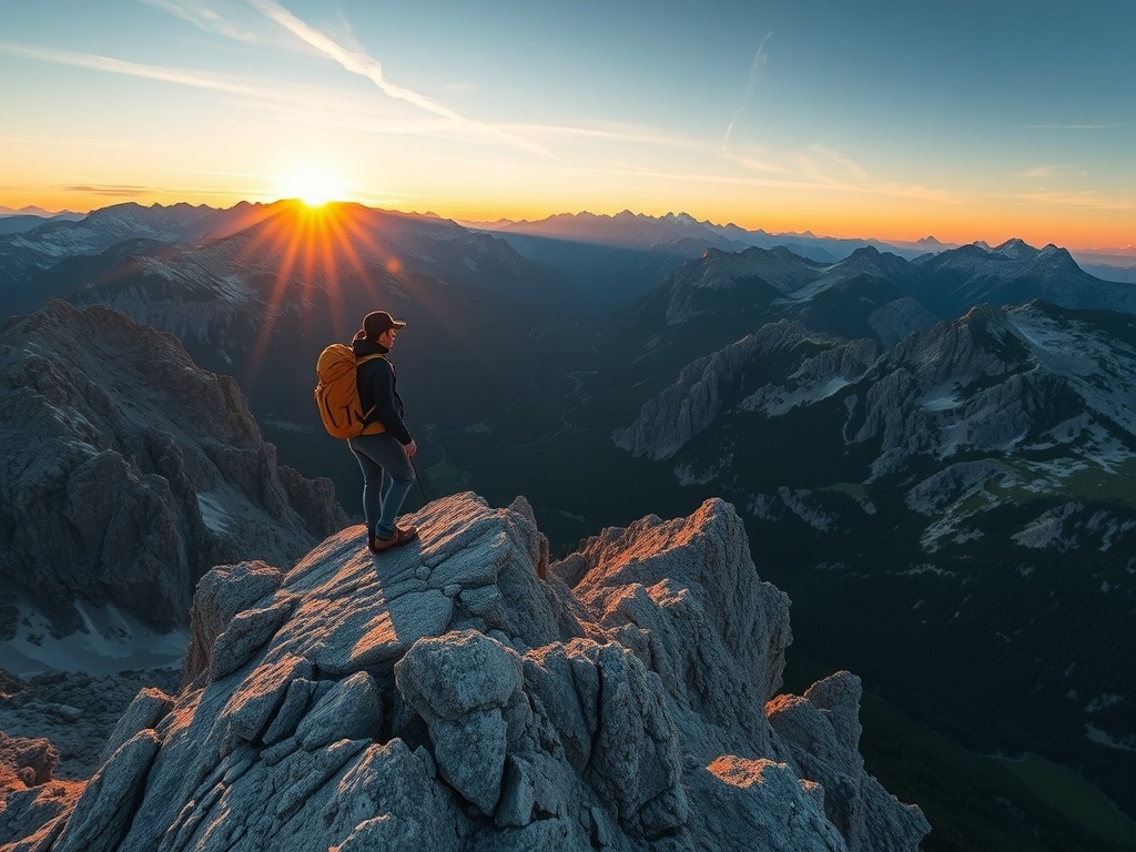 hiker standing on narrow ridge overlooking vast alpine valley in Dolomites at sunrise, sense of scale and exposure