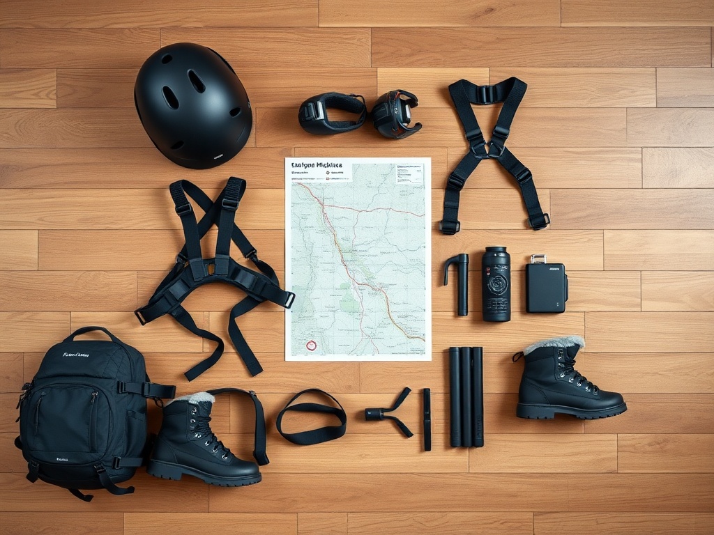 minimalist hiking gear layout on wooden floor including compact backpack, helmet, harness, boots and map