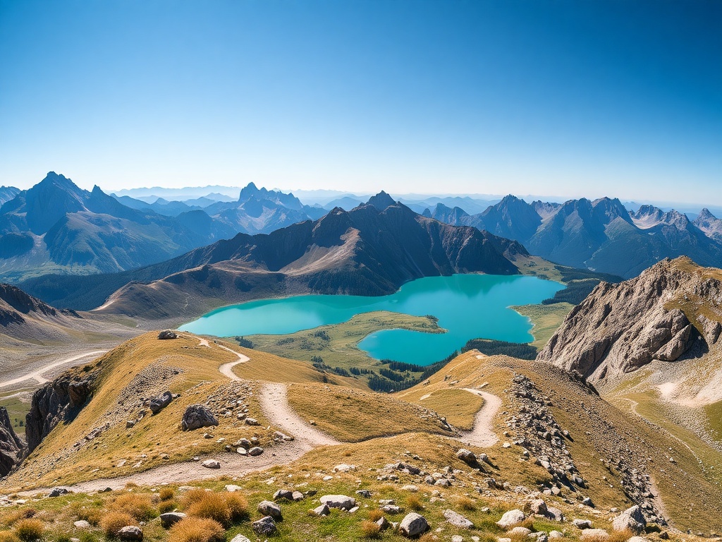 panoramic view of Dolomites high plateau with winding trail, turquoise alpine lake and distant jagged peaks