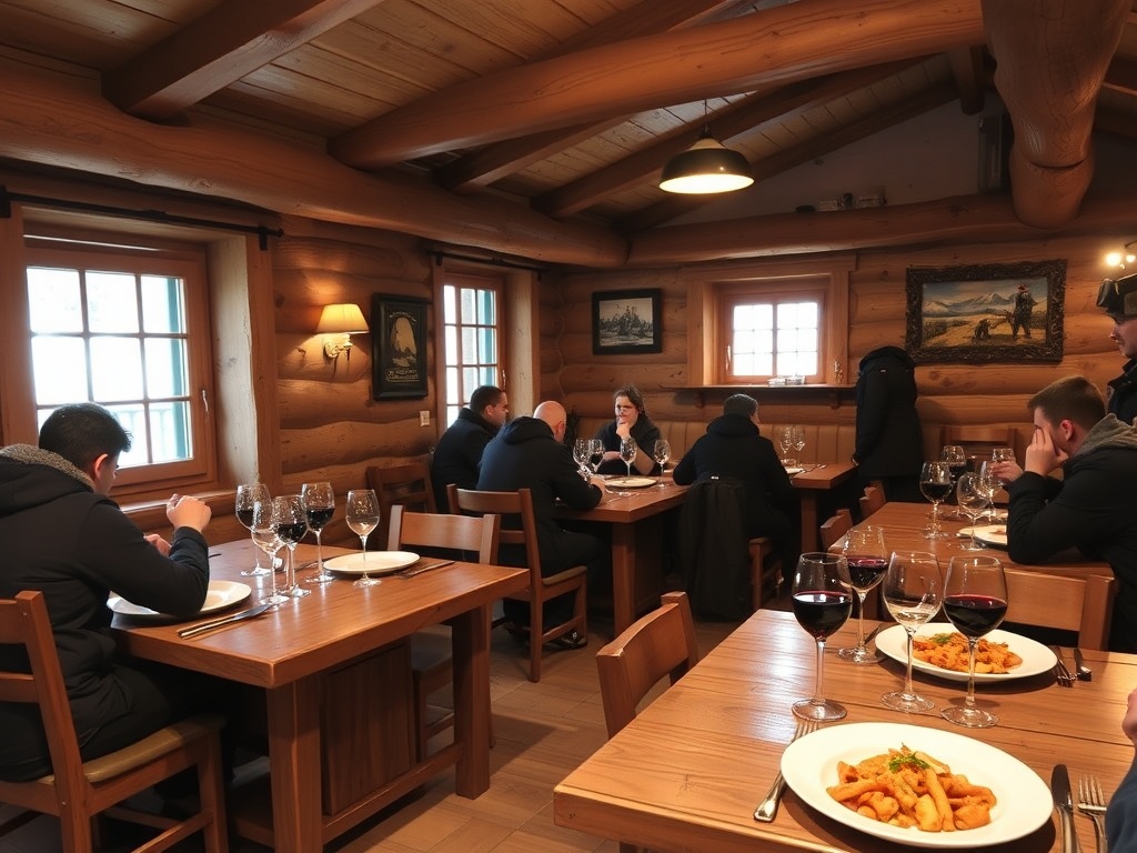 rustic alpine dining room inside rifugio with wooden tables, plates of pasta and wine, hikers in outdoor gear