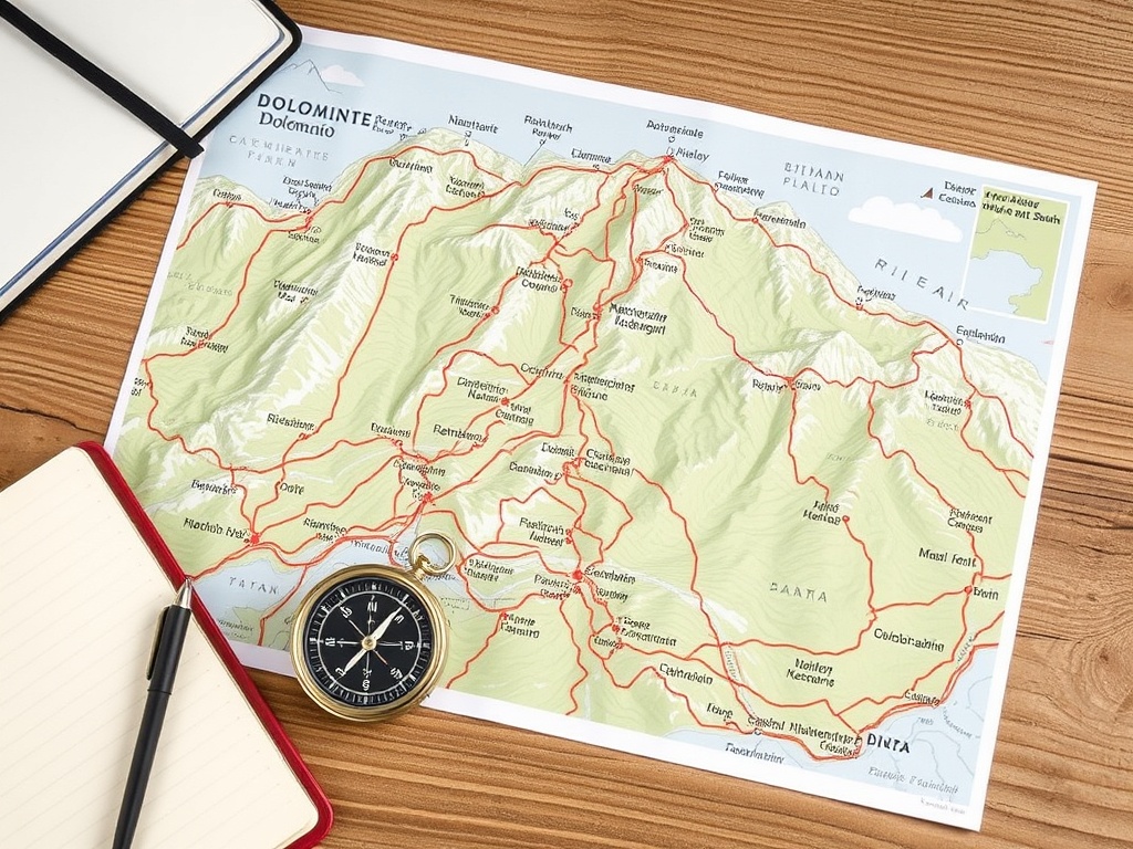 topographic map of Dolomites with marked hiking routes and refuges, compass and notebook on wooden table