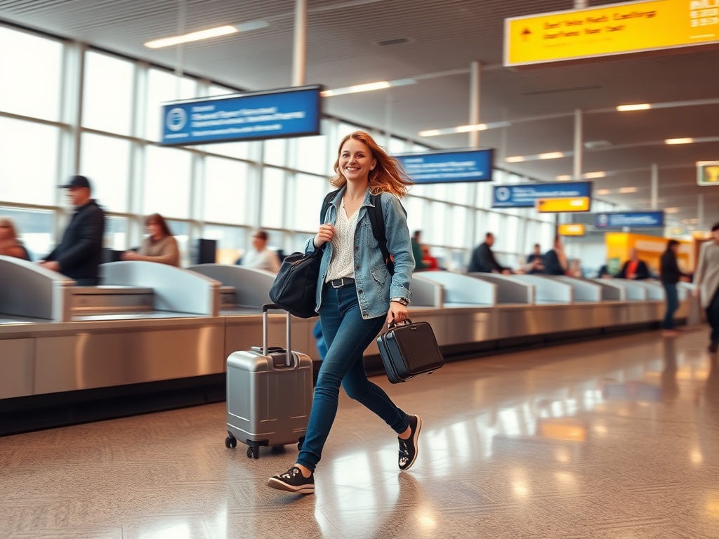 airport traveler breezing past baggage claim with small carry-on smiling fast movement