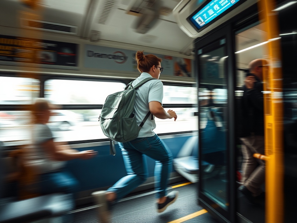 busy travel moment quick transition hopping onto bus with light backpack dynamic motion