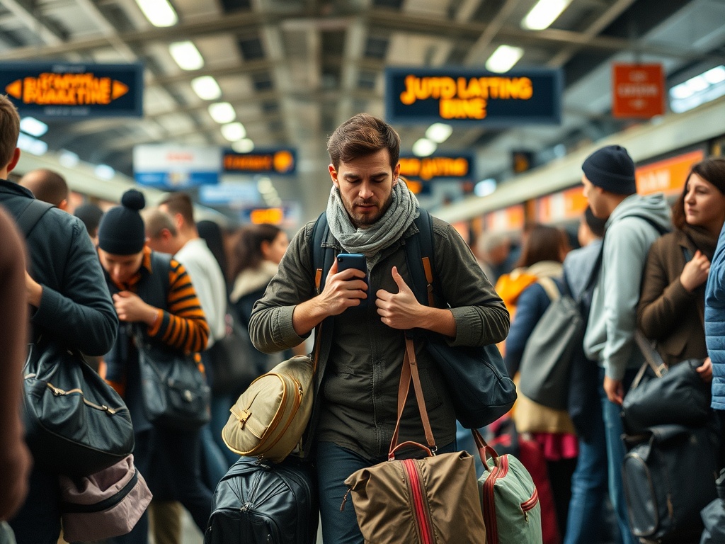 crowded train station traveler struggling with multiple heavy bags stressed chaotic scene