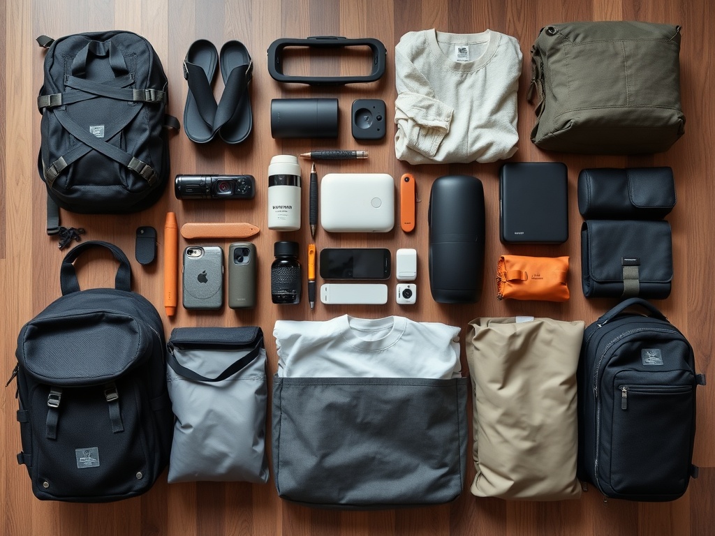 organized minimalist travel gear neatly arranged flat lay backpack essentials compact efficient
