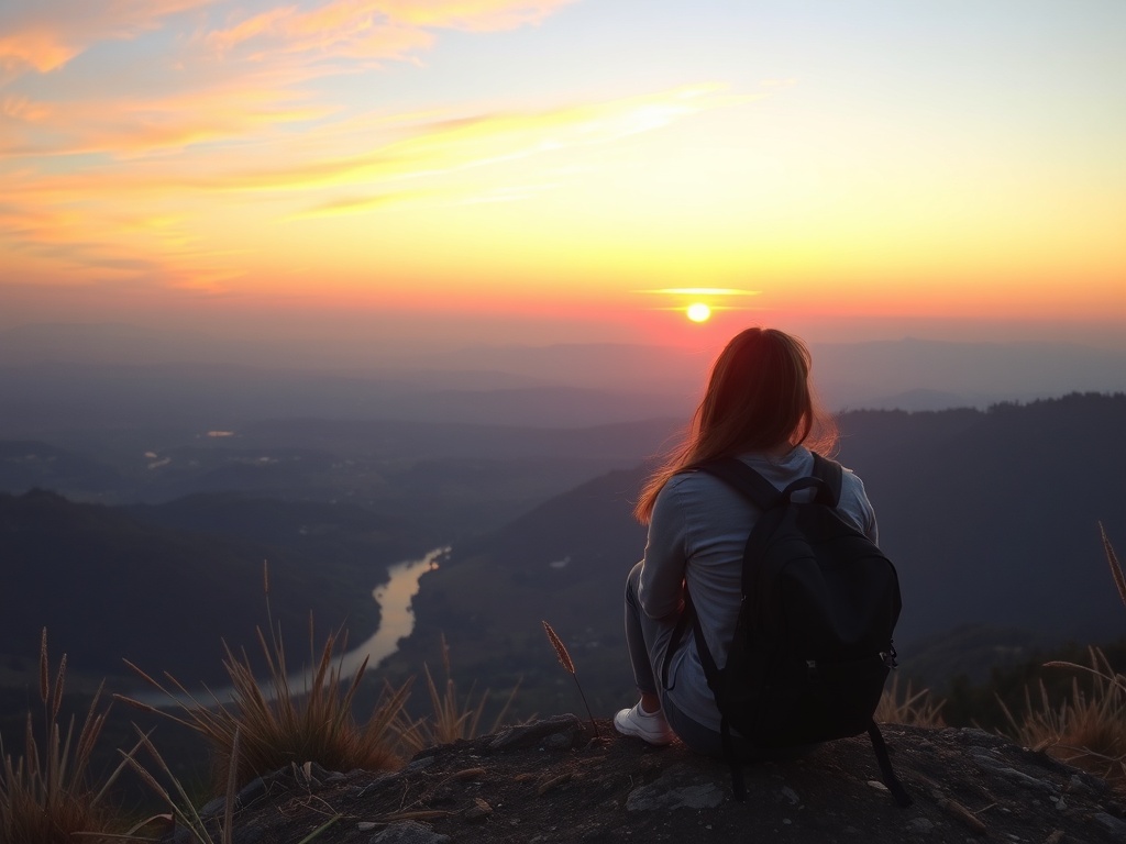 sunset viewpoint traveler sitting calmly with small backpack peaceful scenic overlook freedom