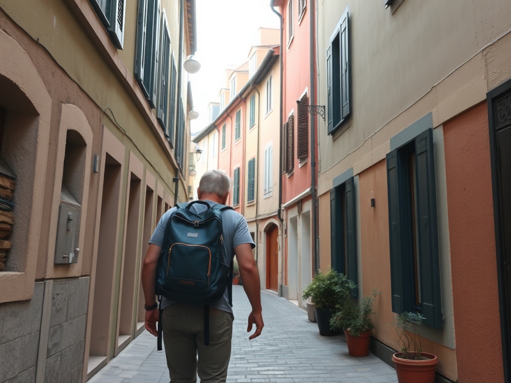 traveler easily walking through narrow european street with small backpack relaxed carefree