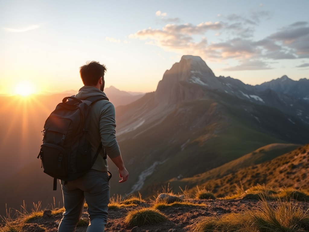 traveler hiking with a small backpack overlooking dramatic mountain landscape sunrise minimal gear freedom