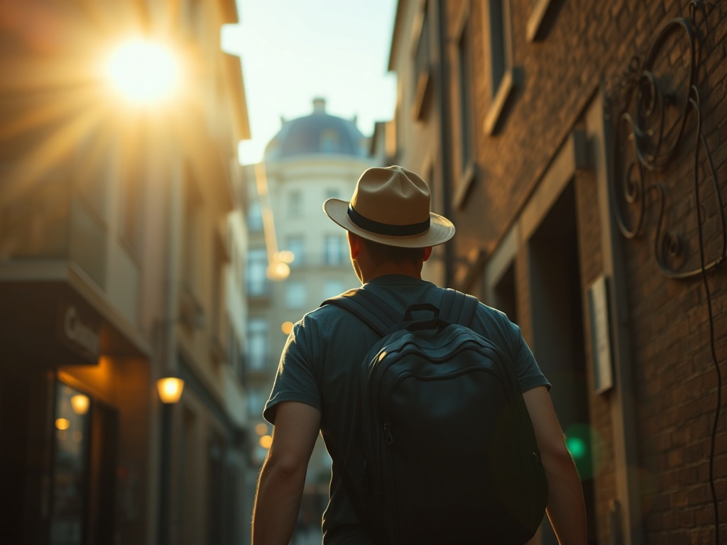 golden hour traveler wandering narrow street in foreign city spontaneous exploration cinematic lighting