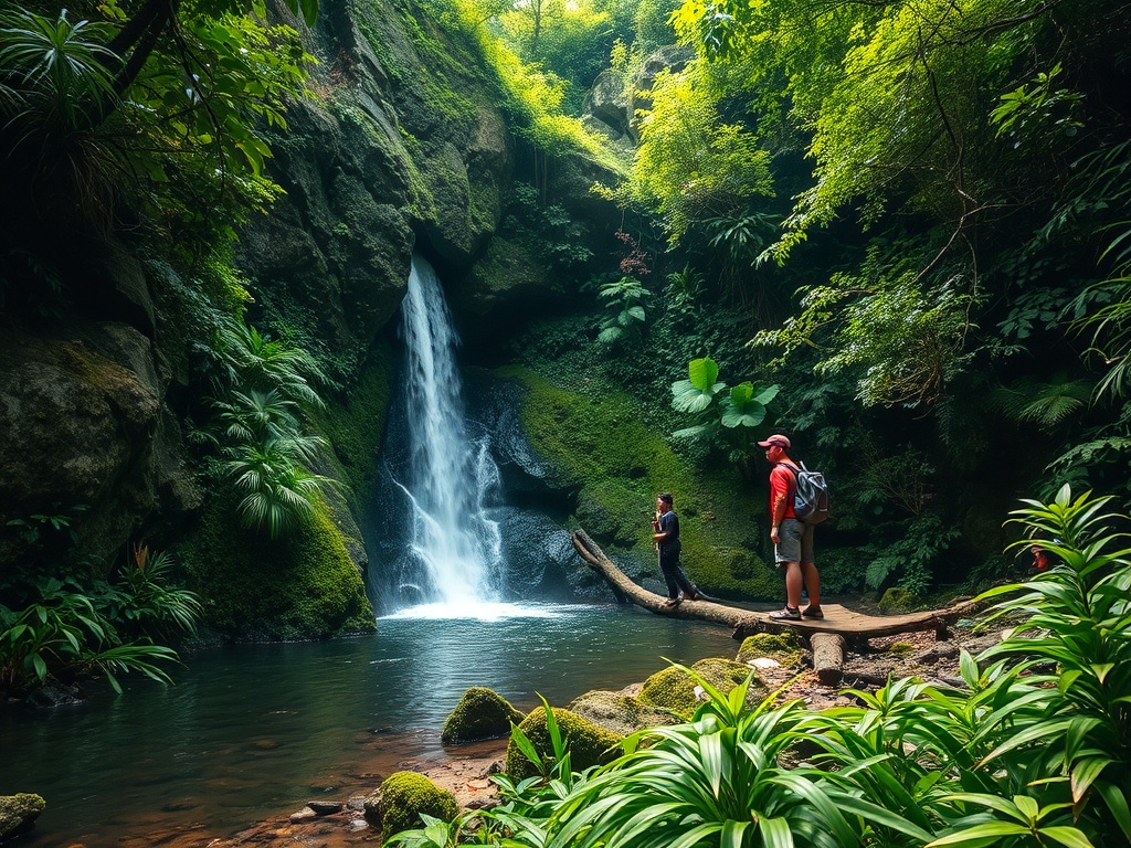 small hidden waterfall jungle traveler discovering secret spot lush green cinematic