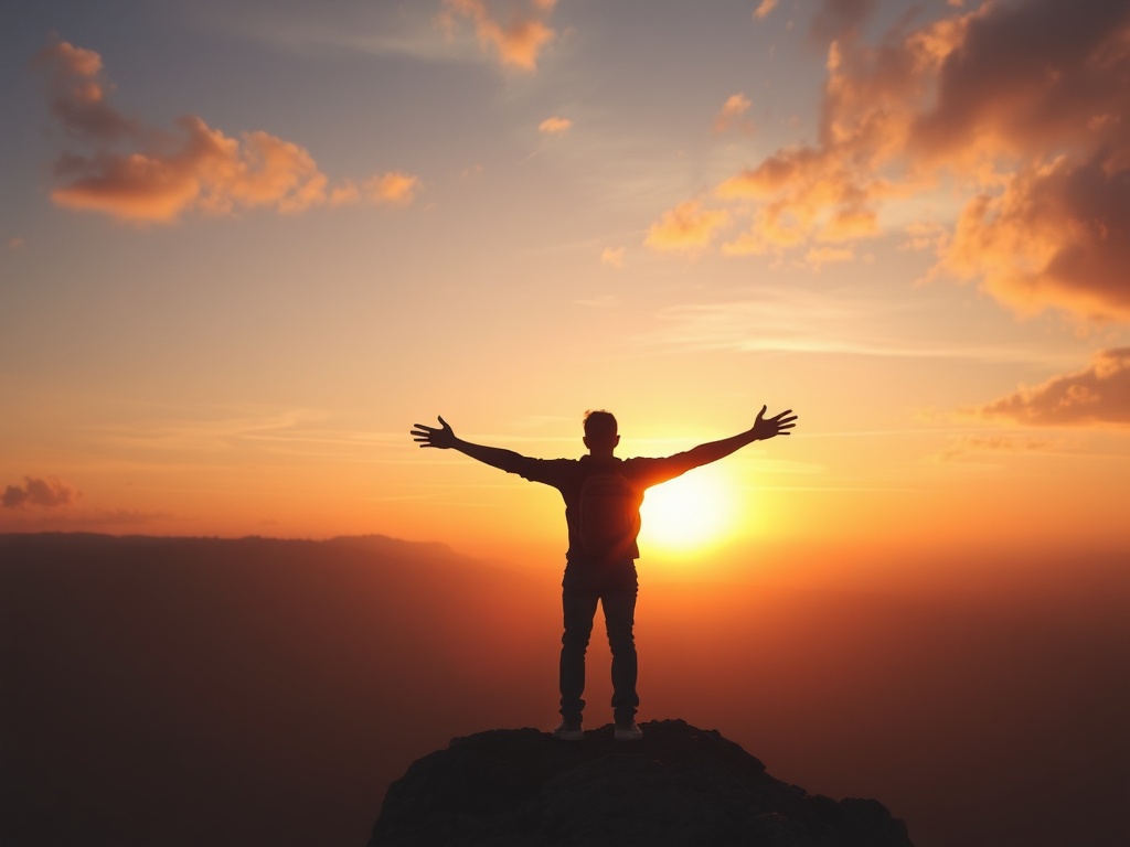 sunset silhouette traveler arms wide open cliff edge freedom adventure emotional scene