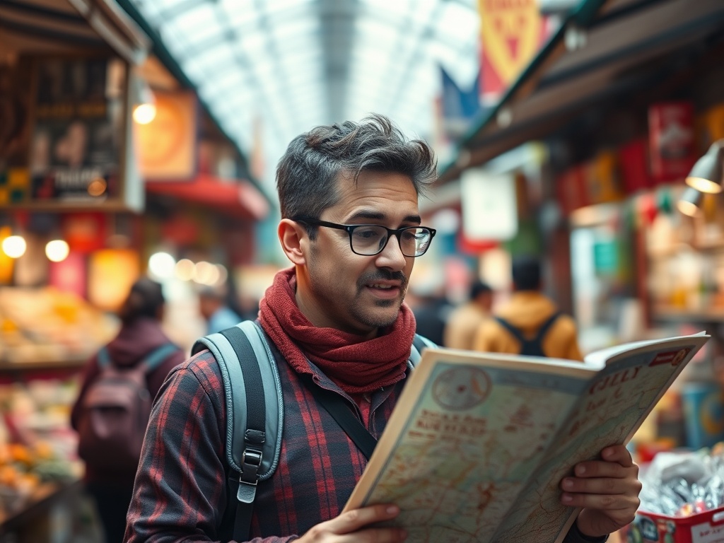 traveler looking at map confused but excited in bustling market vibrant colors candid moment