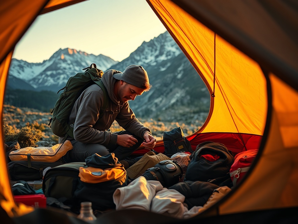 backpacker organizing gear inside a tent with mountains in the background, golden hour, realistic travel photography