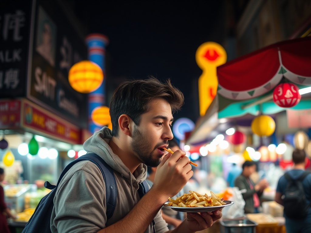 budget traveler eating street food at a vibrant night market, colorful lights, candid moment