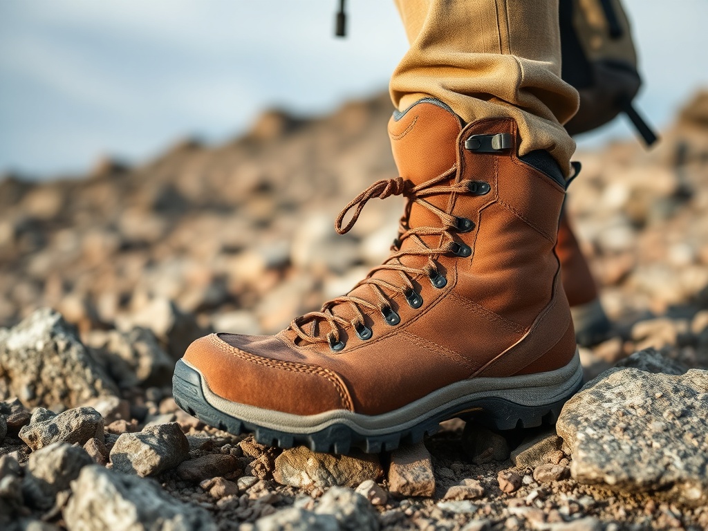 close up of hiking boots and backpack on rocky terrain, rugged textures, adventure aesthetic