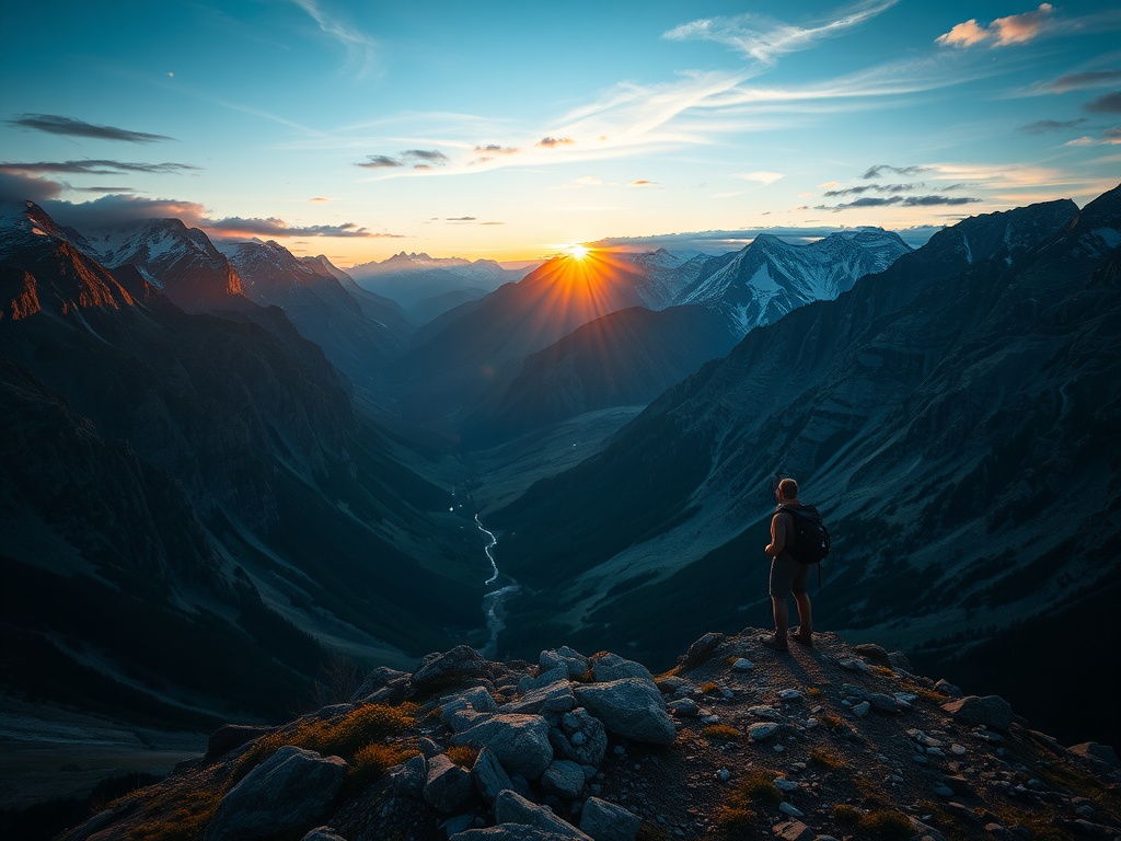 dramatic mountain landscape at sunrise with a solo hiker overlooking a vast valley, cinematic lighting, ultra detailed