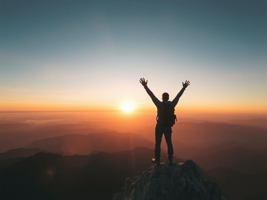 hiker celebrating on mountain summit with wide panoramic view, sunrise colors, triumphant mood