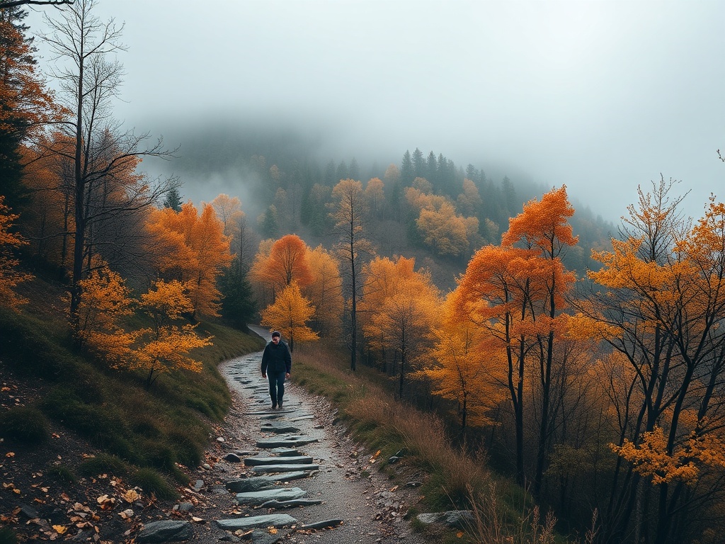 misty mountain trail in autumn with golden leaves and low crowds, serene atmosphere