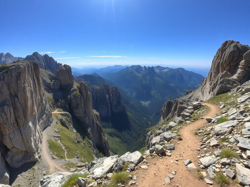 remote mountain trail in eastern europe with dramatic cliffs and no crowds, wide angle view
