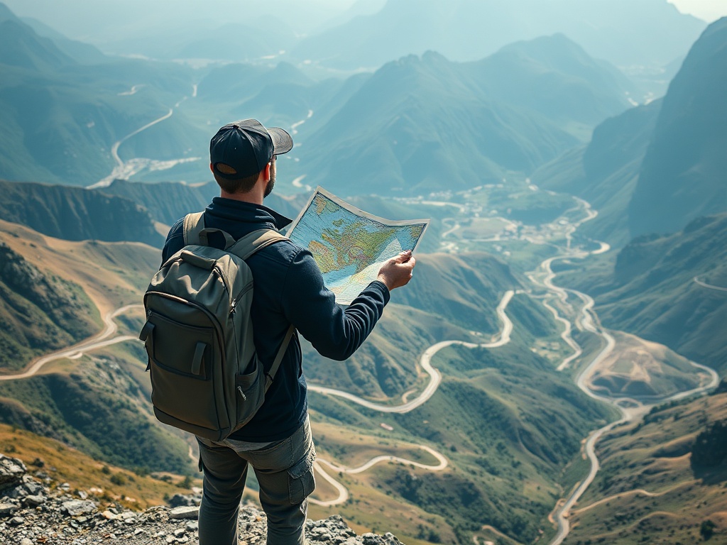traveler looking at map on a mountain viewpoint with winding roads below, cinematic travel scene
