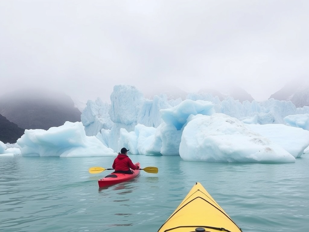 kayaking near glacier grey icebergs turquoise water patagonia adventure