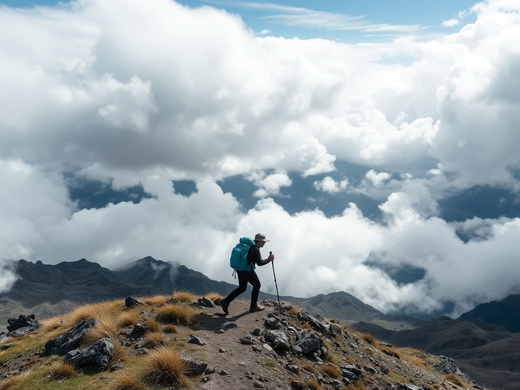 patagonia windy trail hiker leaning into strong wind vast landscape clouds dramatic