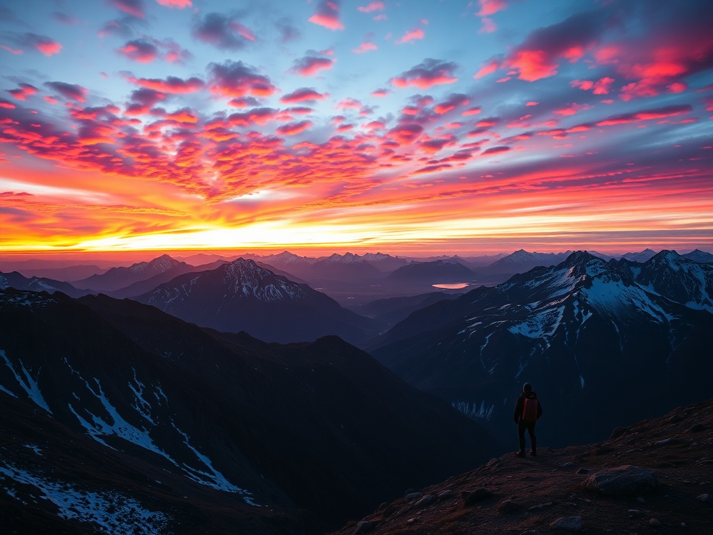a breathtaking sunset view of a mountain range, vibrant sky filled with colors, snow-capped peaks, and a hiker looking towards the horizon